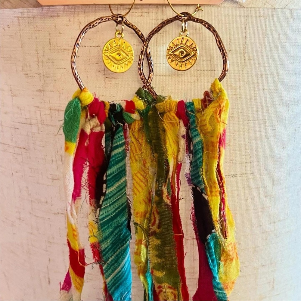 Long Kantha Fringe Earrings w/evil eye charm - Picture 1 of 1
